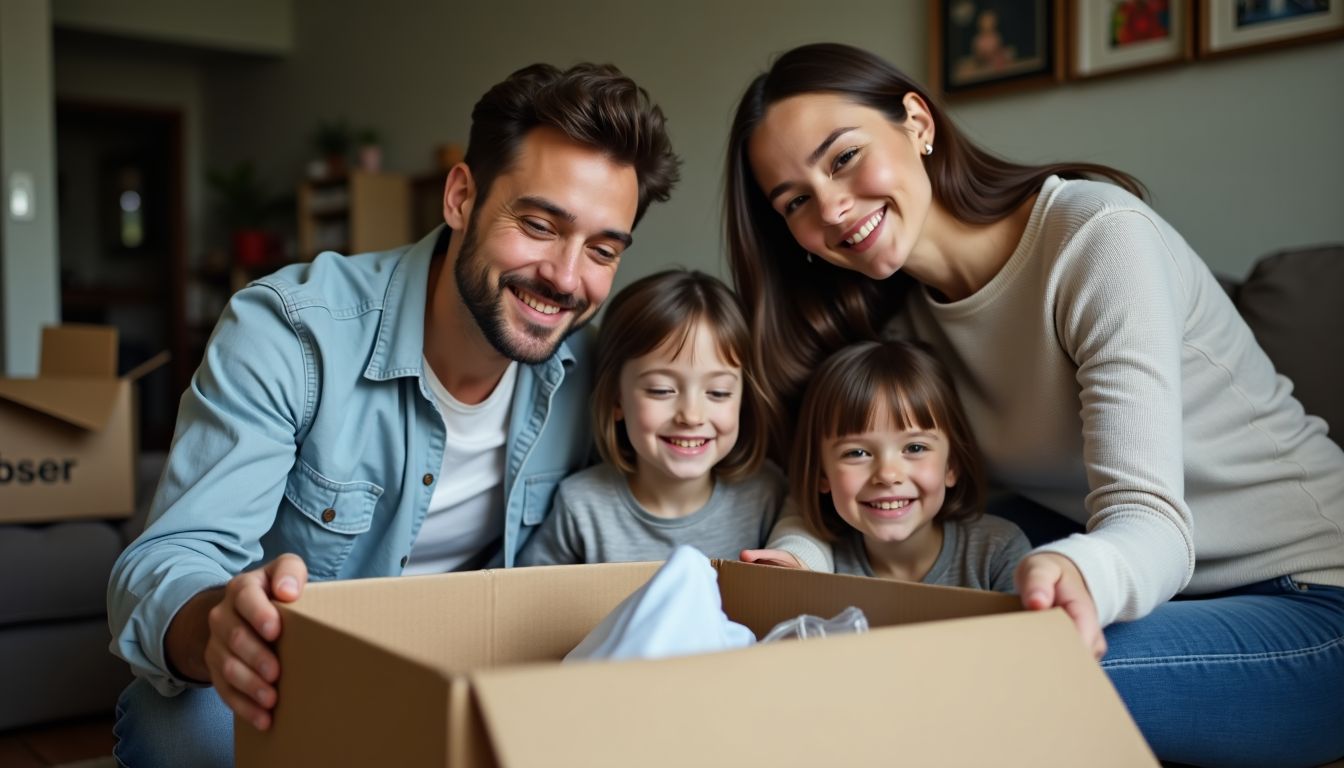 A family working together to declutter their living room.