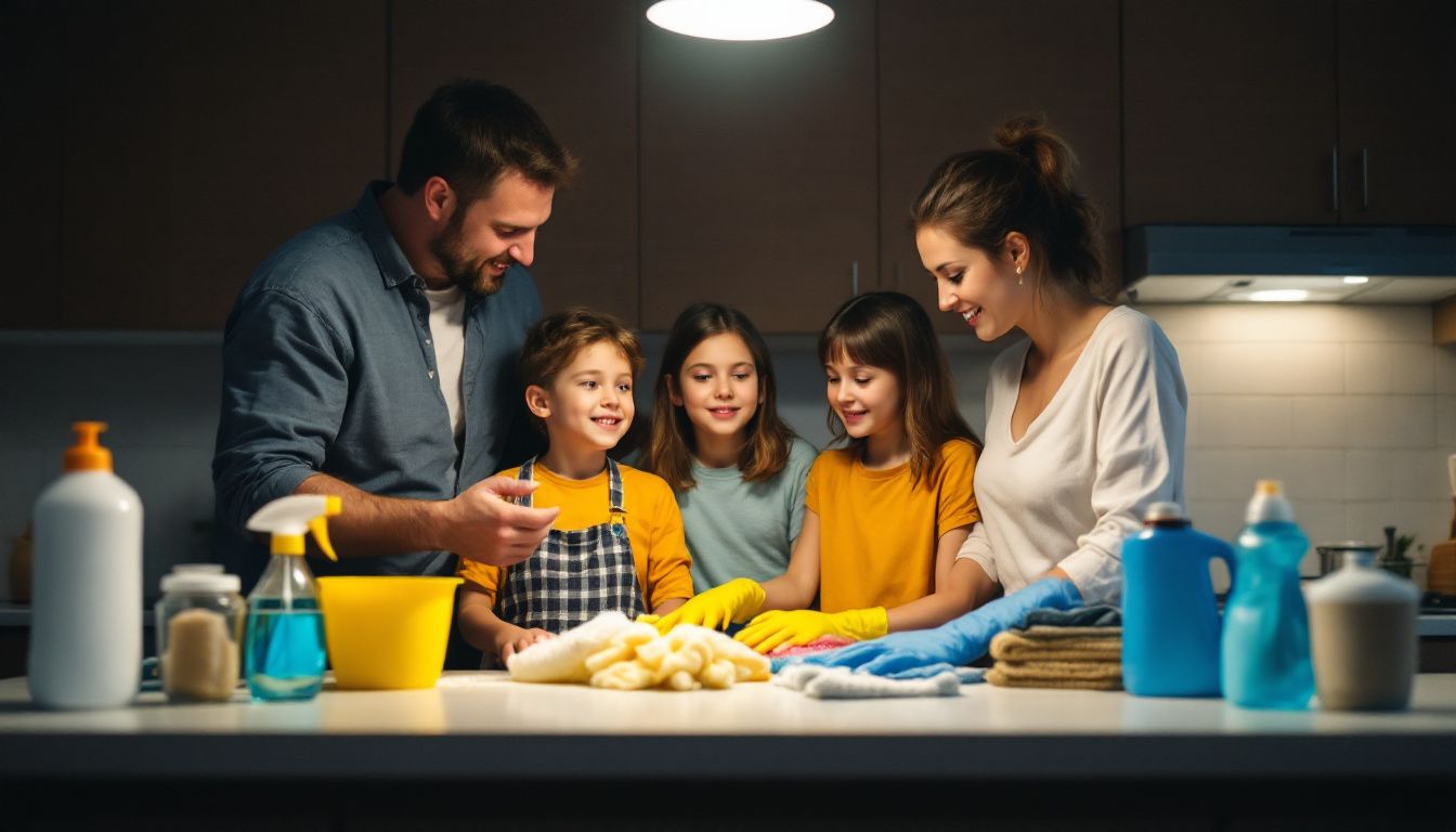 A family of four cleans their kitchen together, discussing tasks.