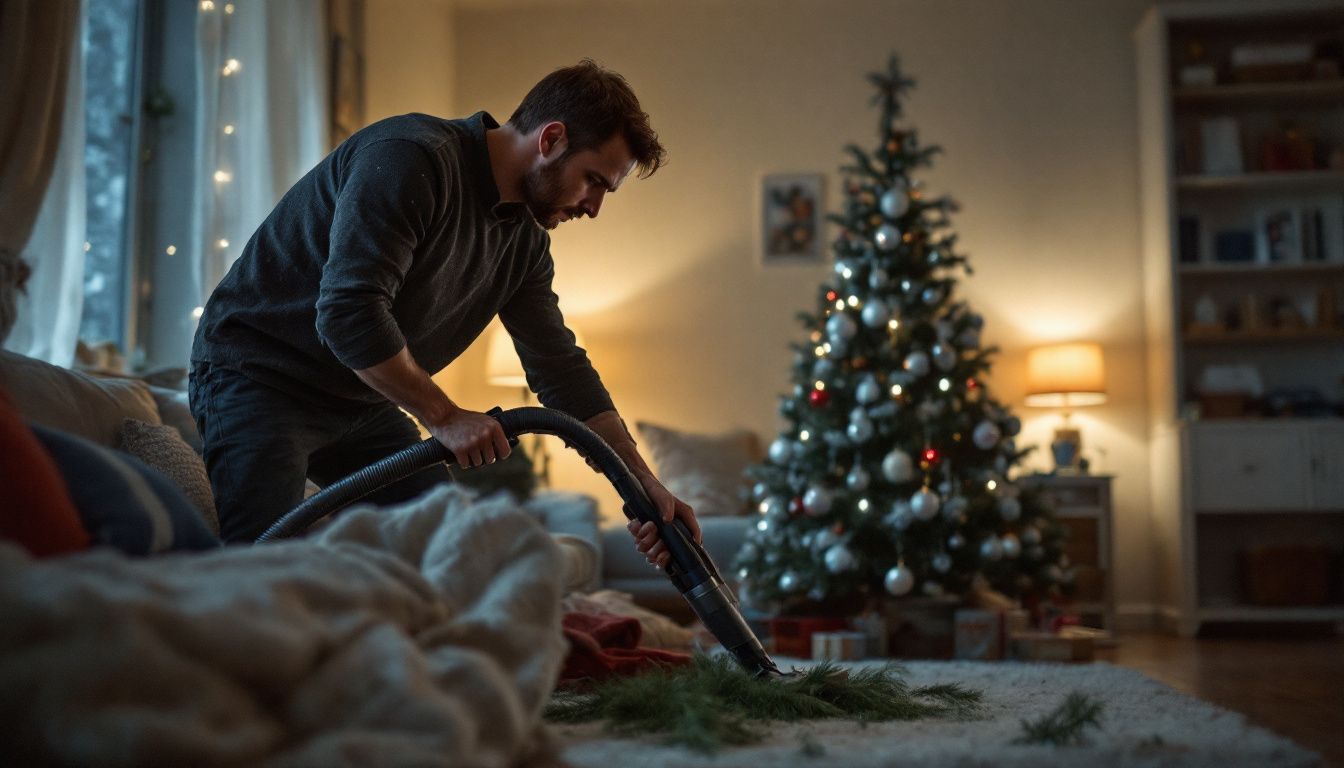 A man in his 30s cleaning up a messy living room post New Year's Eve.