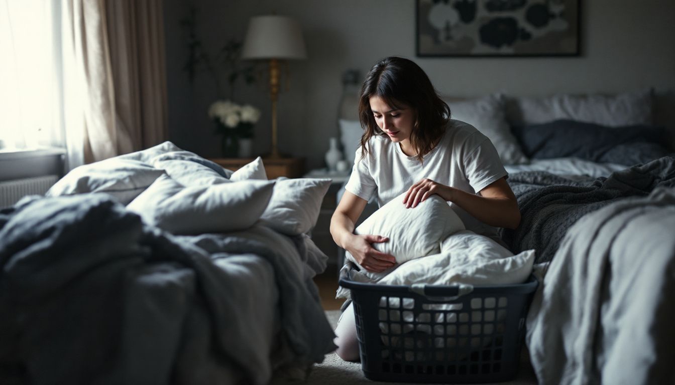 A person in casual clothing is examining care labels on pillows.