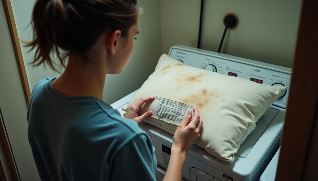 A person inspects a stained pillow on a washing machine.