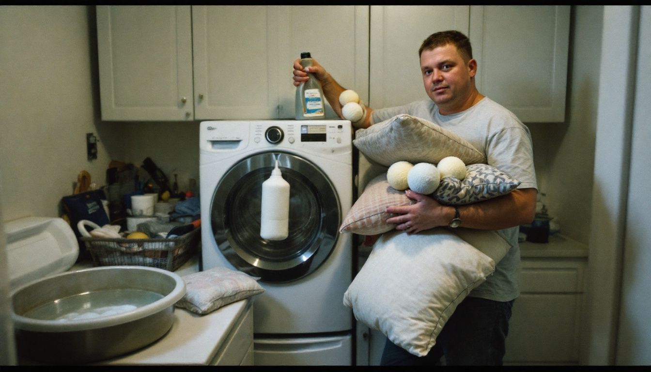 A person doing laundry with detergent, dryer balls, and pillows.