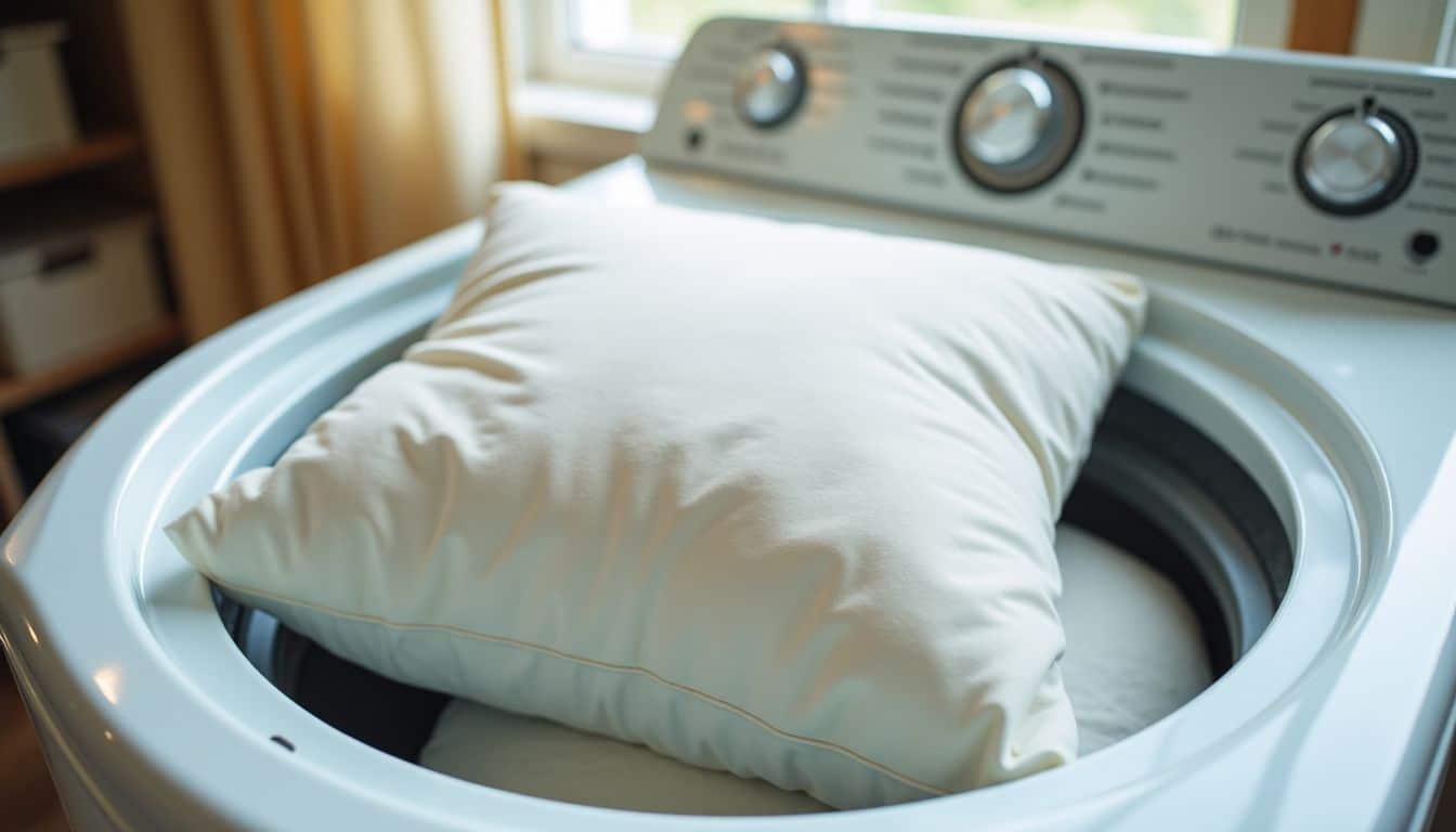 A pillow being washed in a washing machine to eliminate allergens.