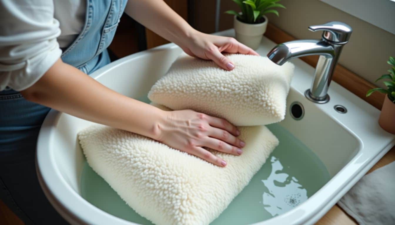 A woman washing pillows in soapy water in a bright room.