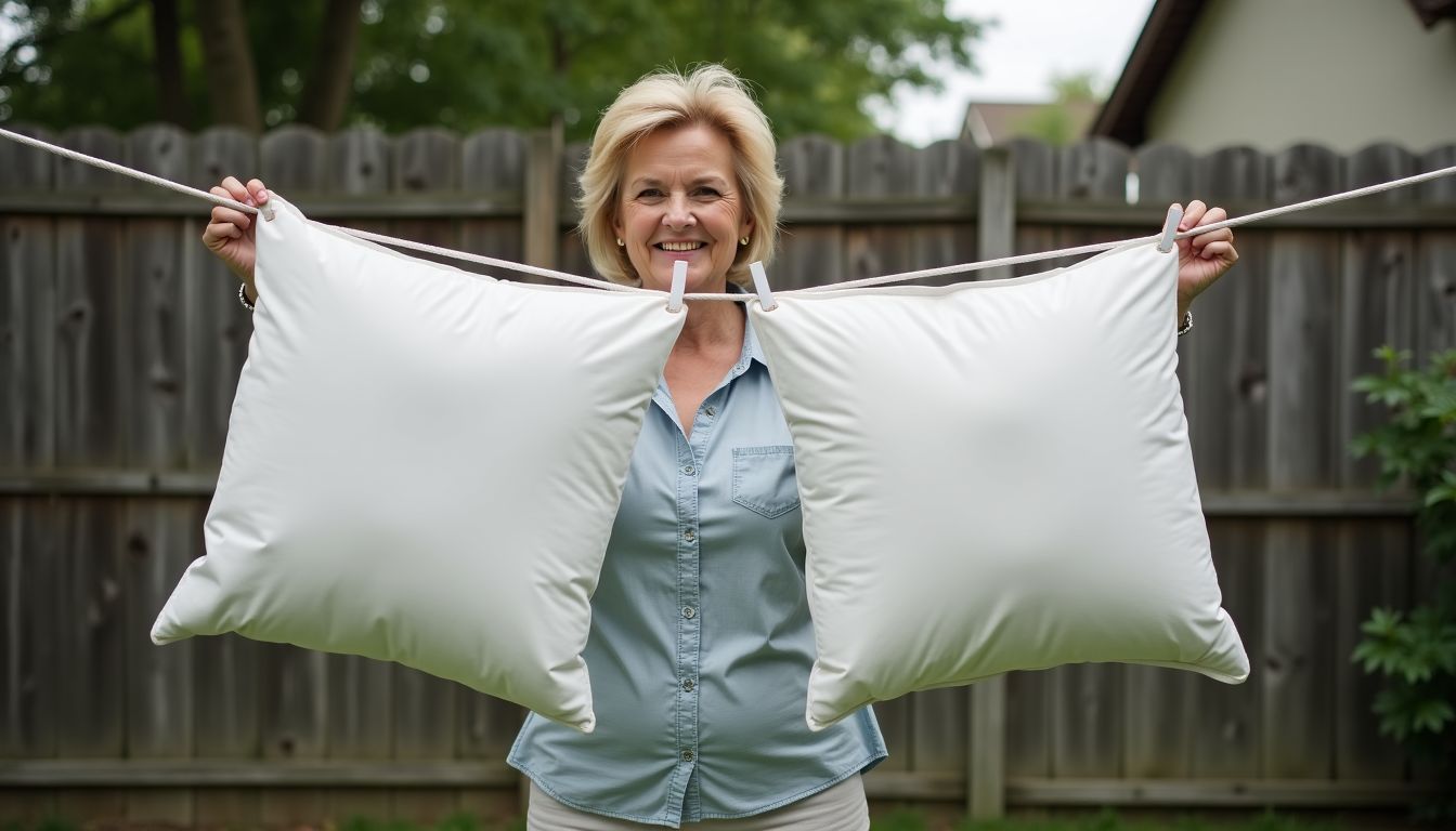 A middle-aged woman fluffs wet pillows on a clothesline in a backyard.