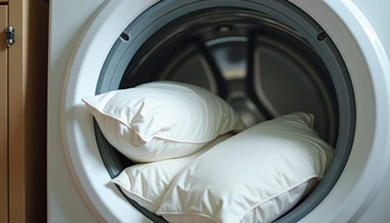 A front-loading washing machine with white down pillows on gentle cycle.