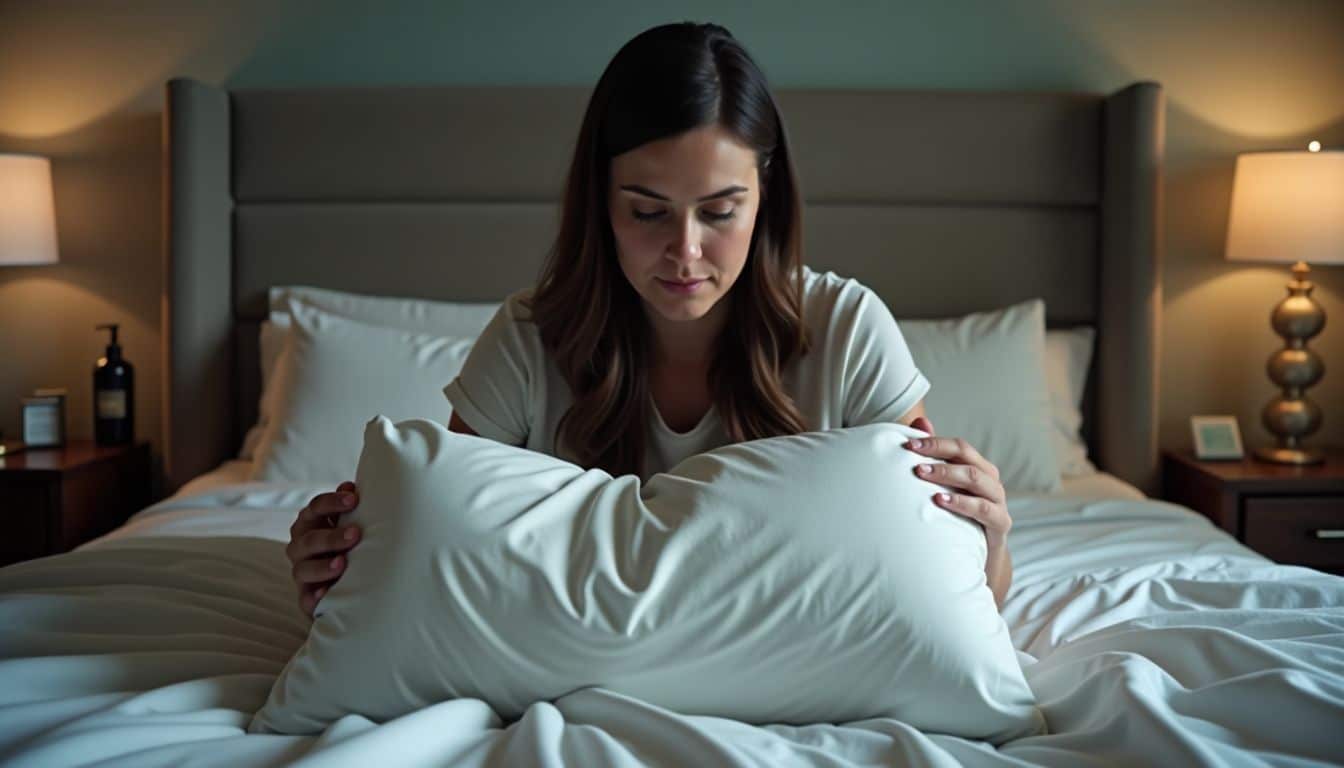 A woman in her 30s replaces pillow protectors in a cozy bedroom.