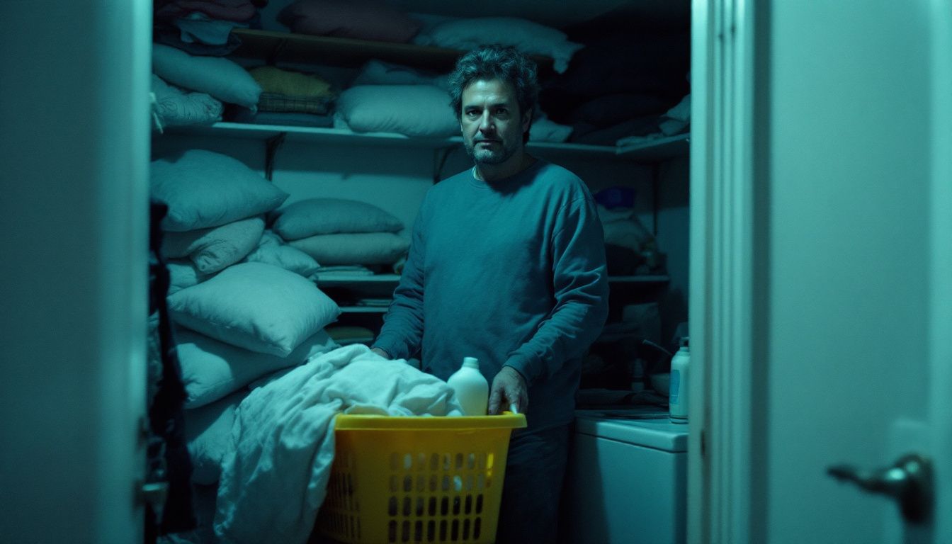 A person holding a basket of laundry in a cluttered laundry room.