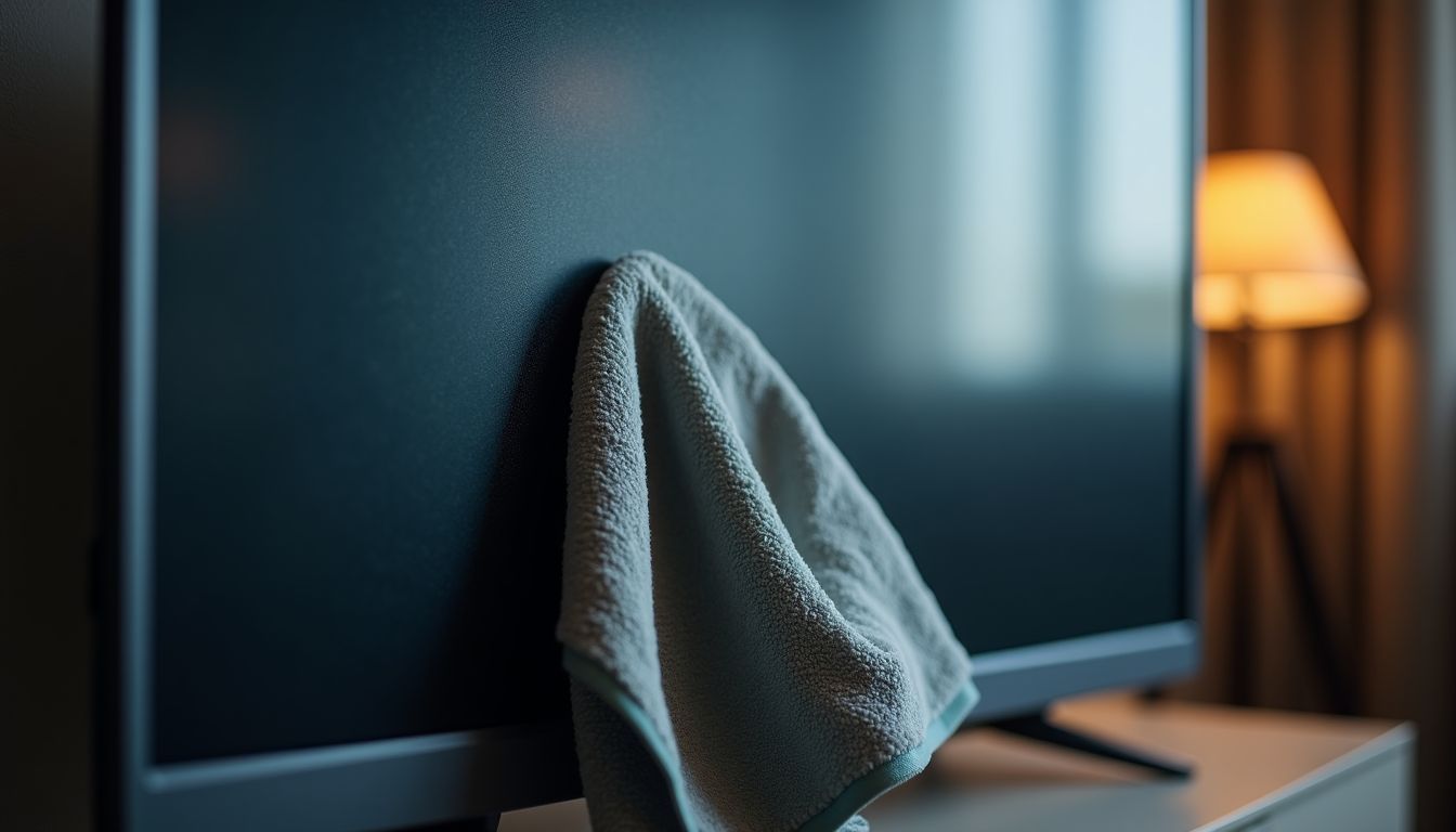 A microfiber towel is cleaning a modern flat-screen TV screen.