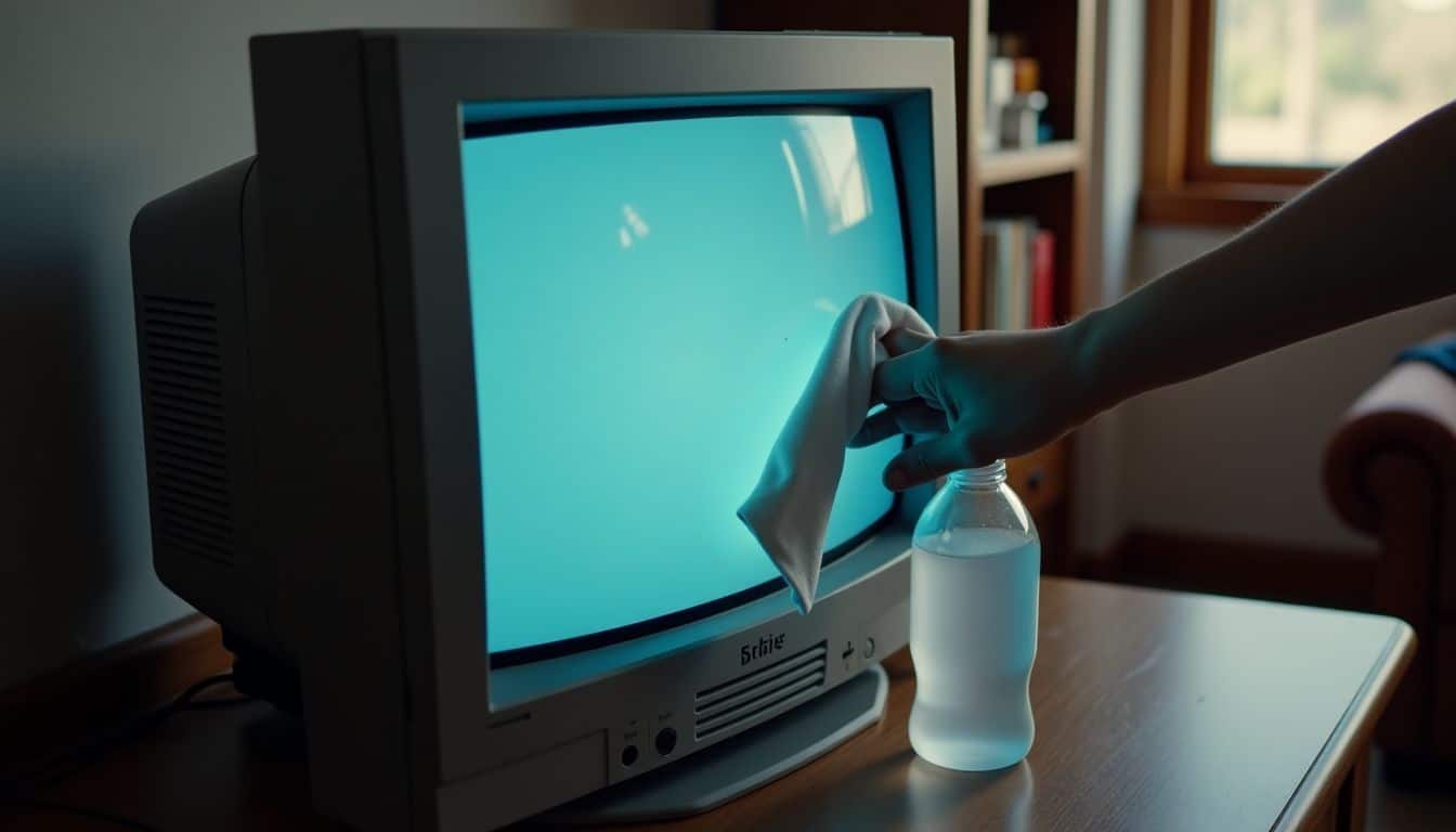 A person is cleaning an older CRT television with a cloth and solution.