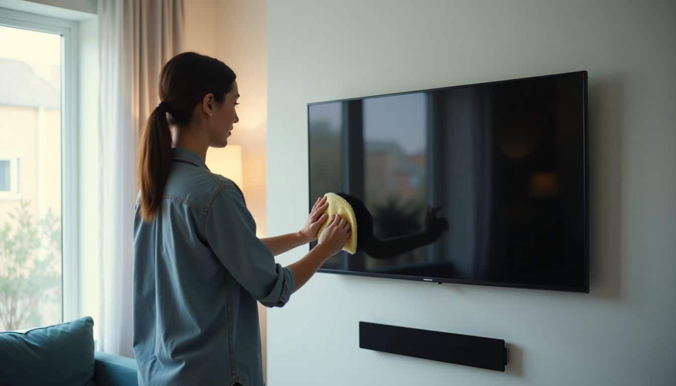 A person cleans a flat-screen TV in a minimalist living room.