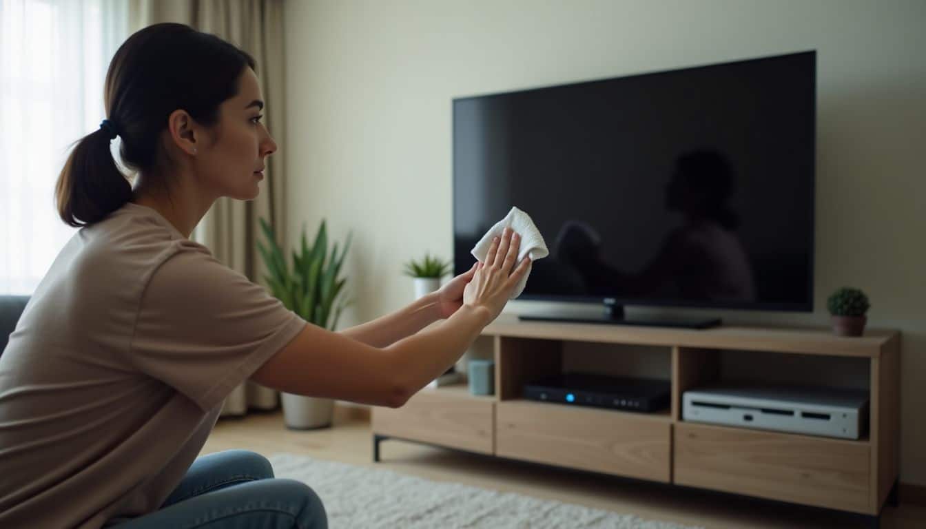 A person casually cleaning a flat-screen TV in a cozy living room.