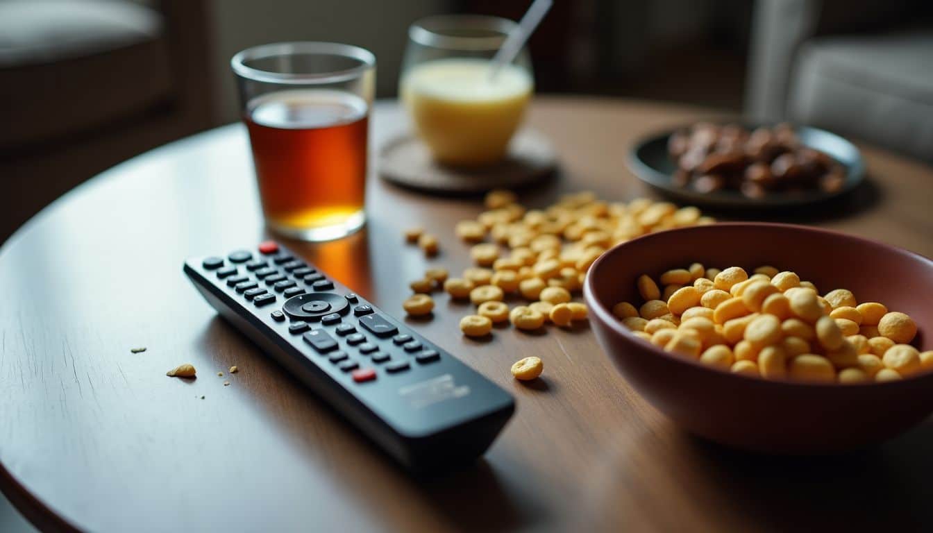 A cluttered, untidy coffee table with spilled snacks and a dusty remote.