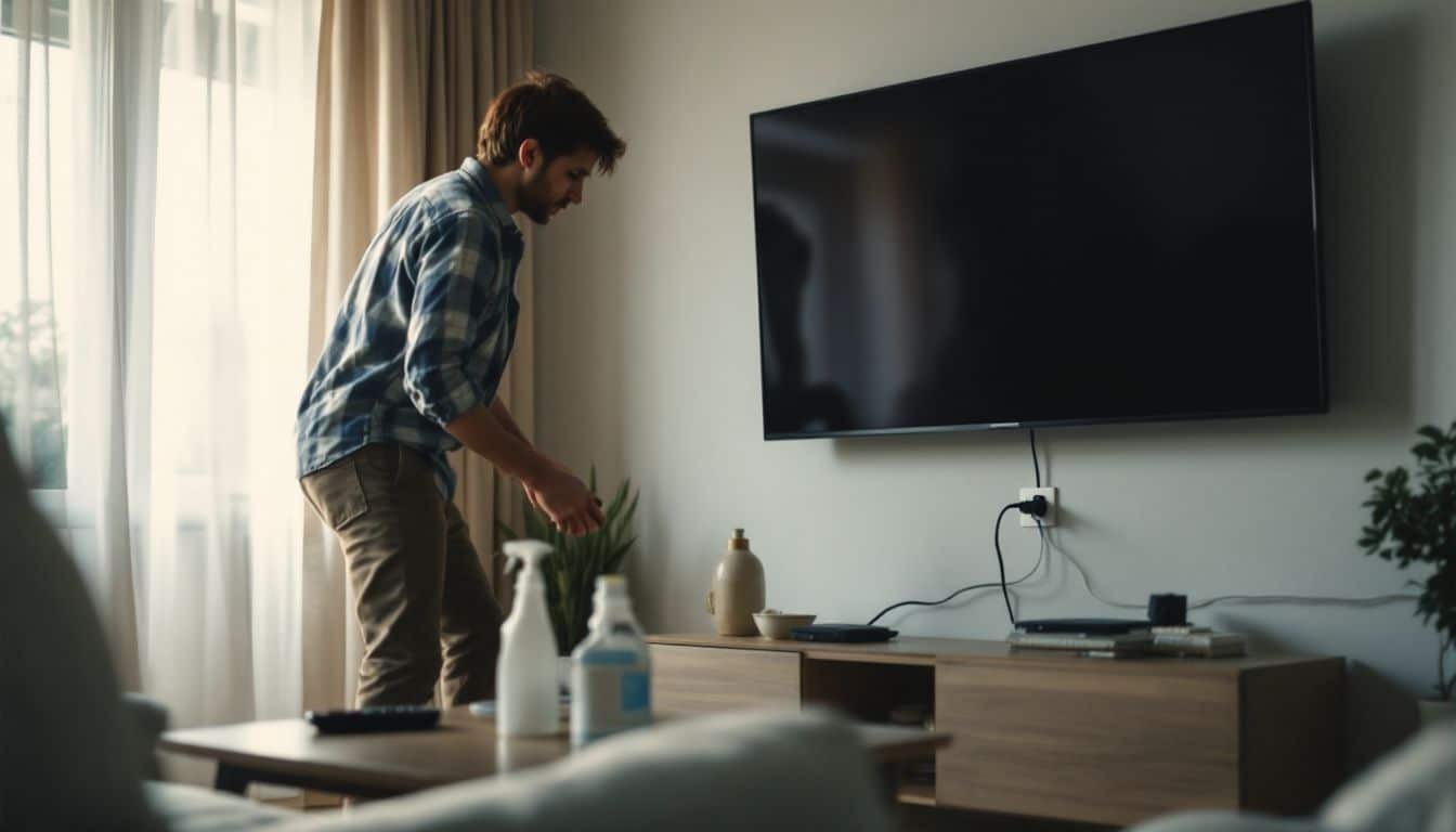 A person unplugging a modern flat-screen TV in a cozy living room.