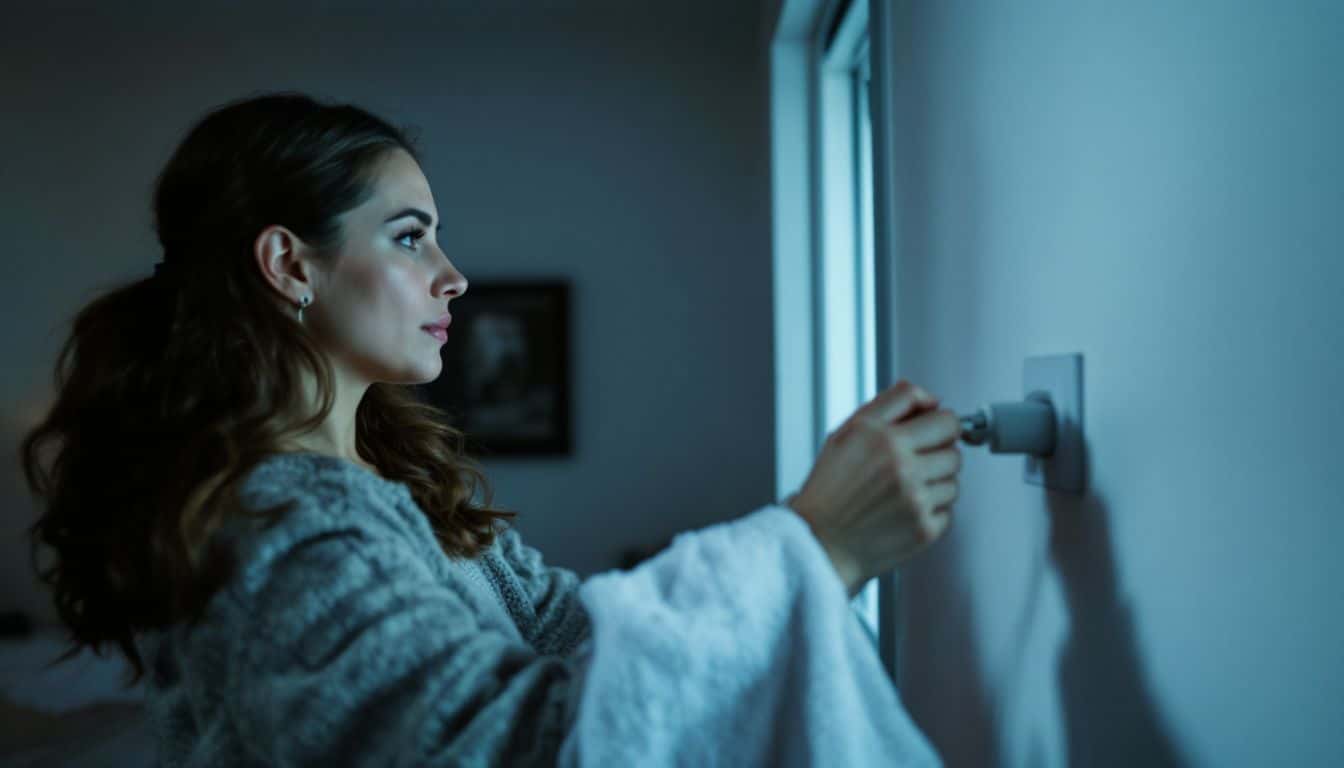 A woman in her 30s unplugging a TV in a dim room.