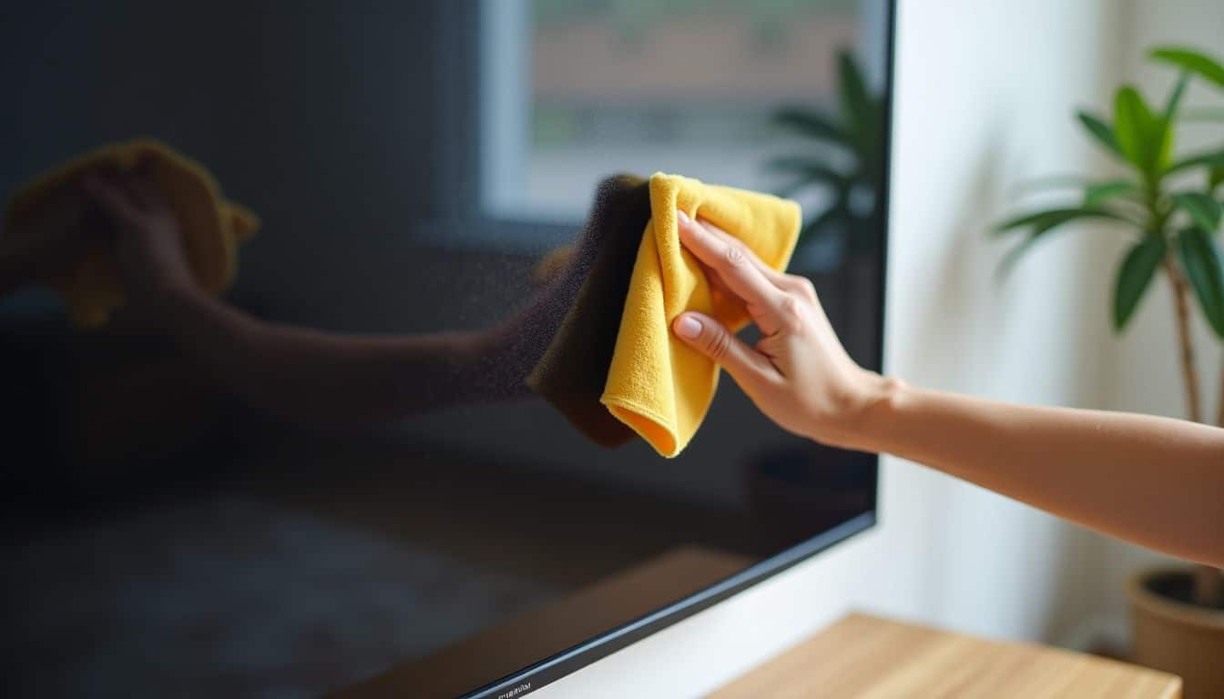 A microfiber cloth is wiping a flat-screen TV in a living room.