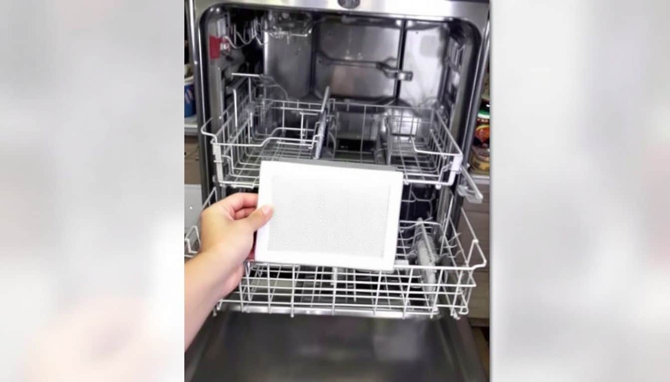 A person holding dishwasher filter in a kitchen with open dishwasher.