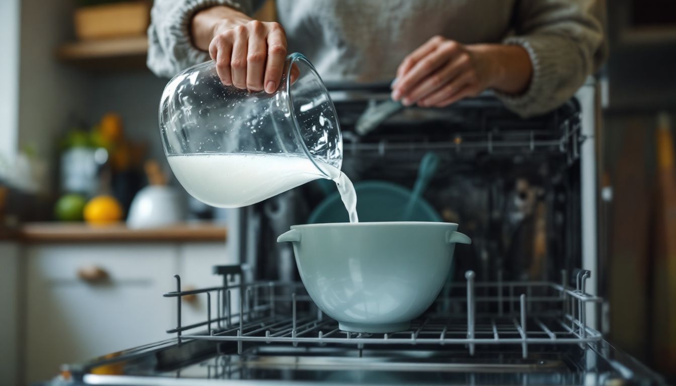 A woman pouring vinegar into a dishwasher for cleaning.