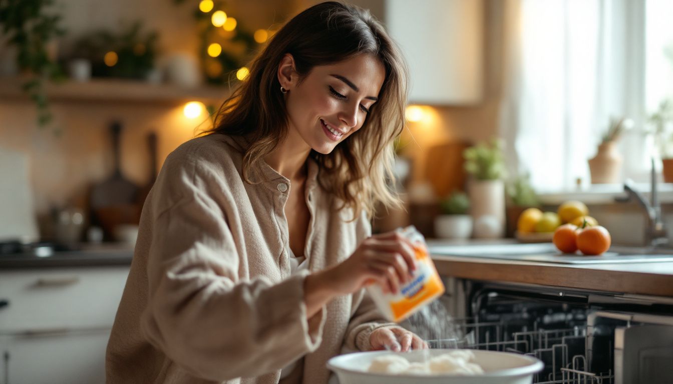 A woman pours baking soda into an empty dishwasher in her cozy kitchen.