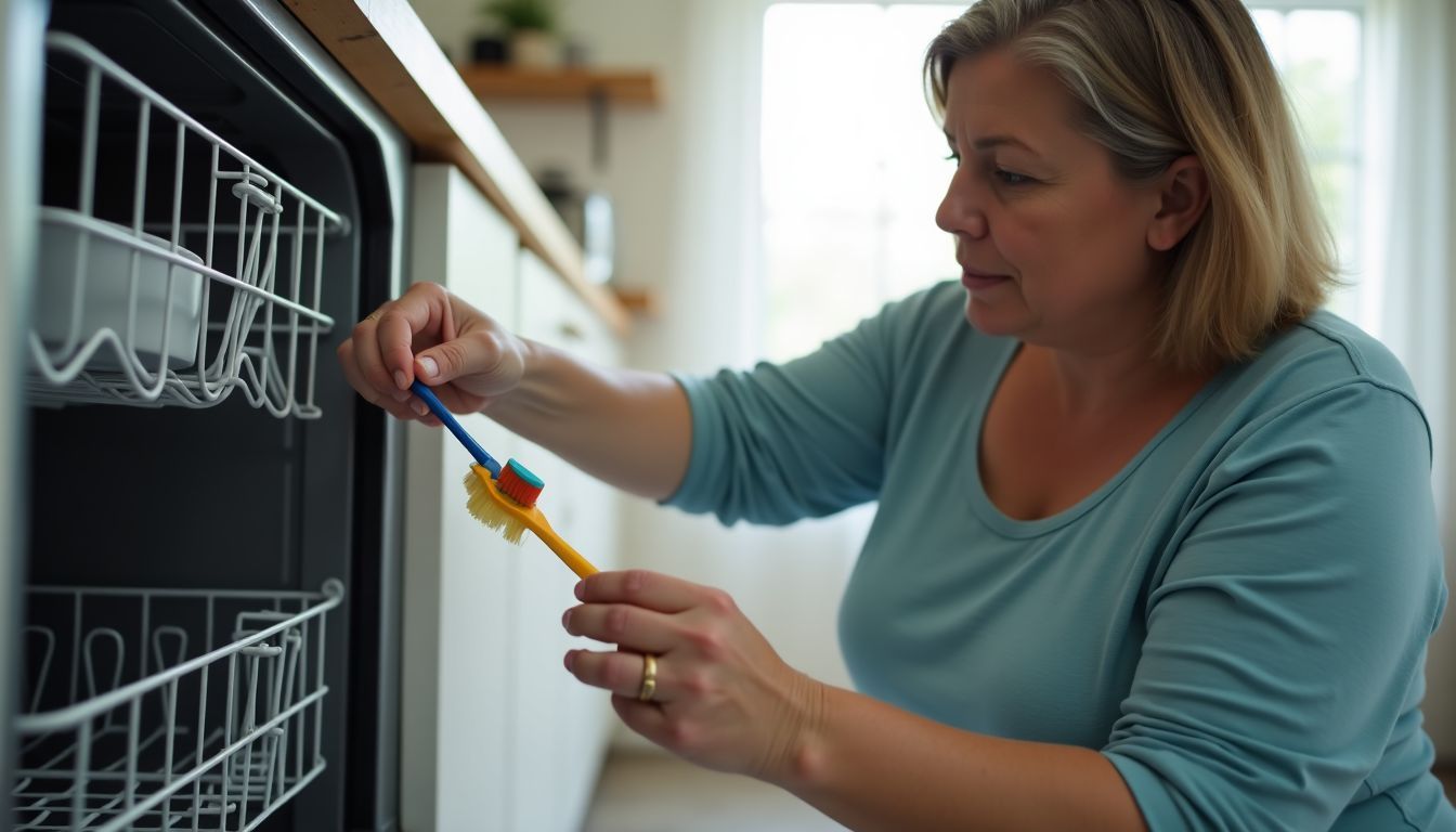 A woman in her 40s is cleaning the rubber gaskets of a dishwasher with vinegar and a toothbrush.