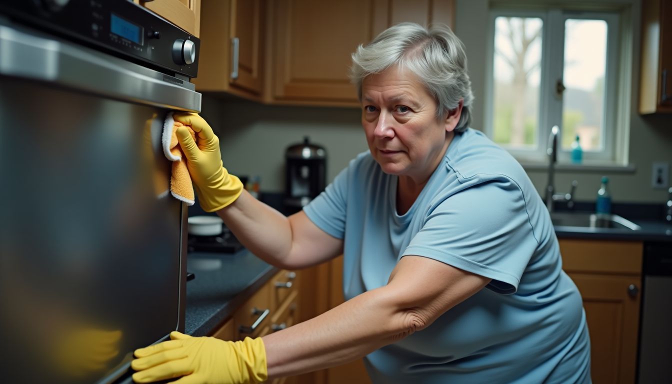 A person cleaning a stainless steel dishwasher with a damp cloth.