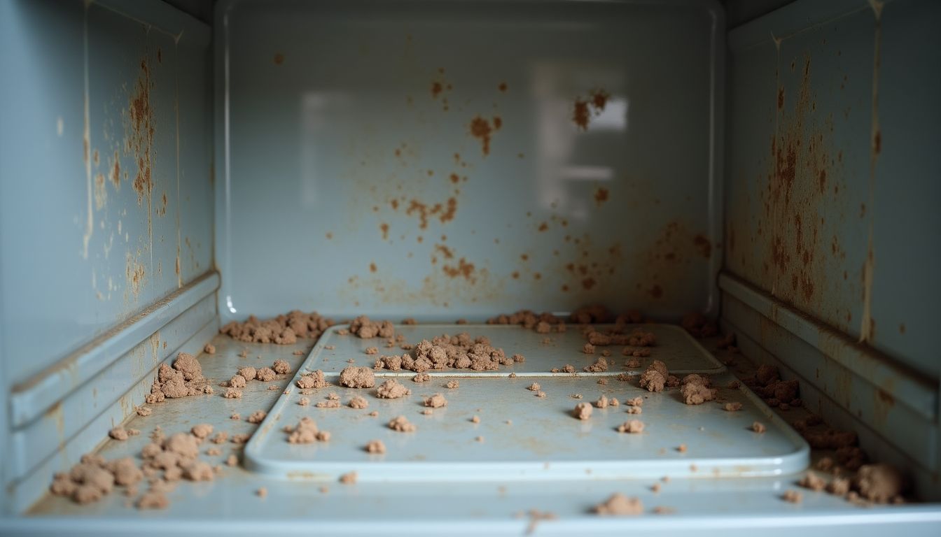 The dirty dishwasher interior needs a deep cleaning for efficiency.