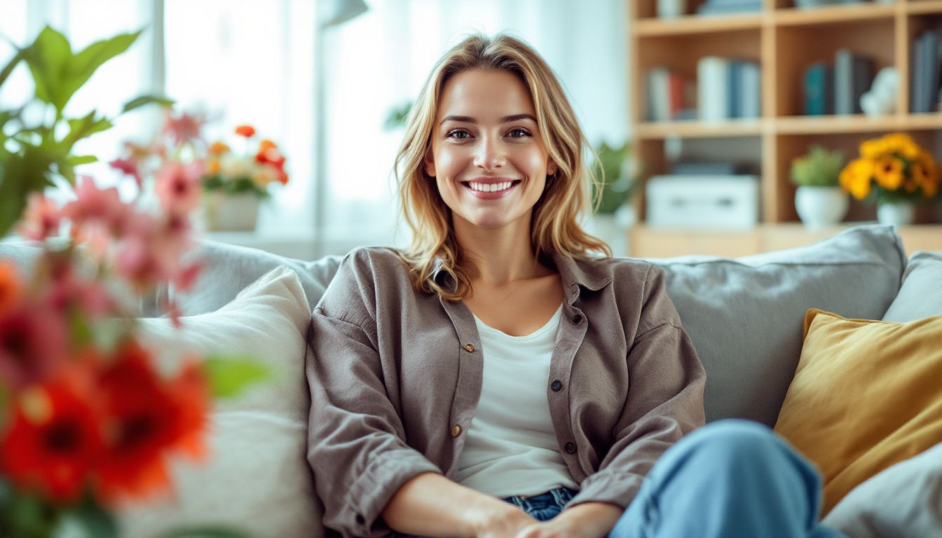 A woman sitting on a clean sofa in a neat living room.