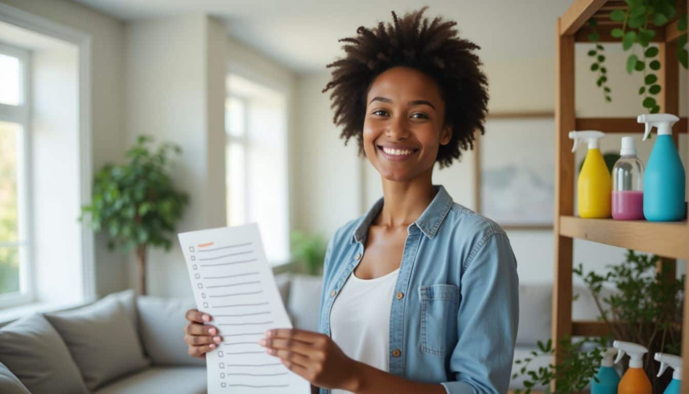 A person holding a checklist in a tidy living room.