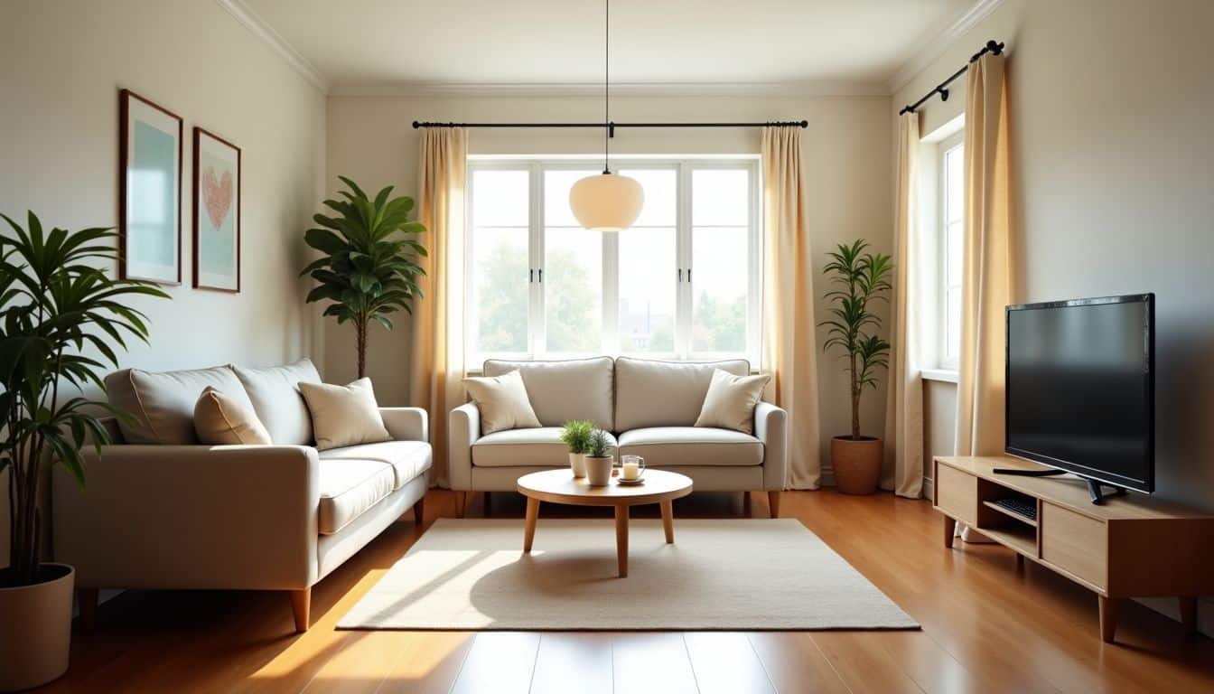 A tidy and inviting living room with clean, bright surfaces.