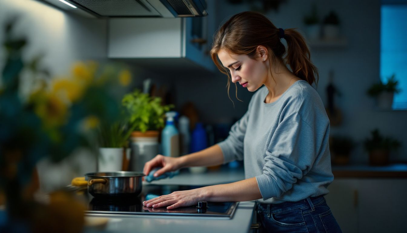 A woman in her 30s cleans her kitchen cooktop with eco-friendly products.