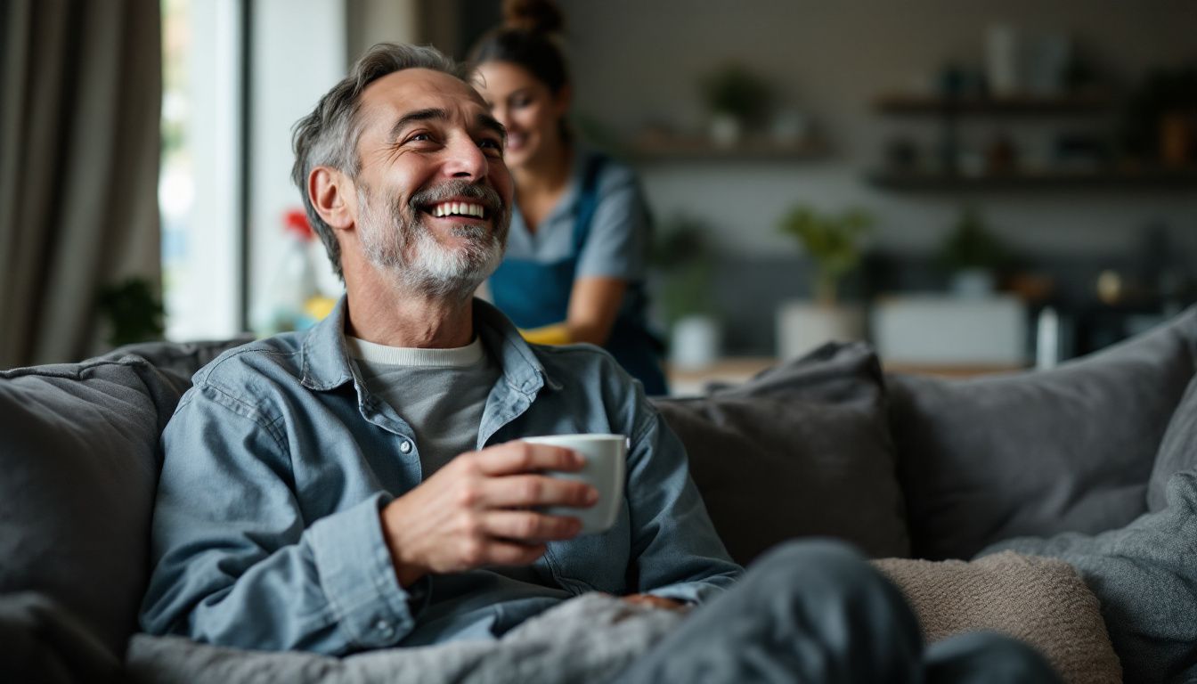 A busy parent relaxes with coffee while a cleaner tidies the home.