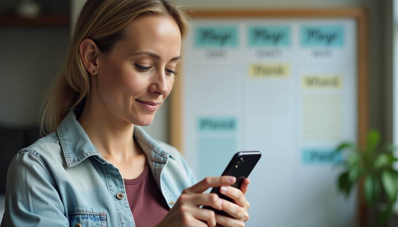 A woman using a reminder app to plan her weekly cleaning tasks.