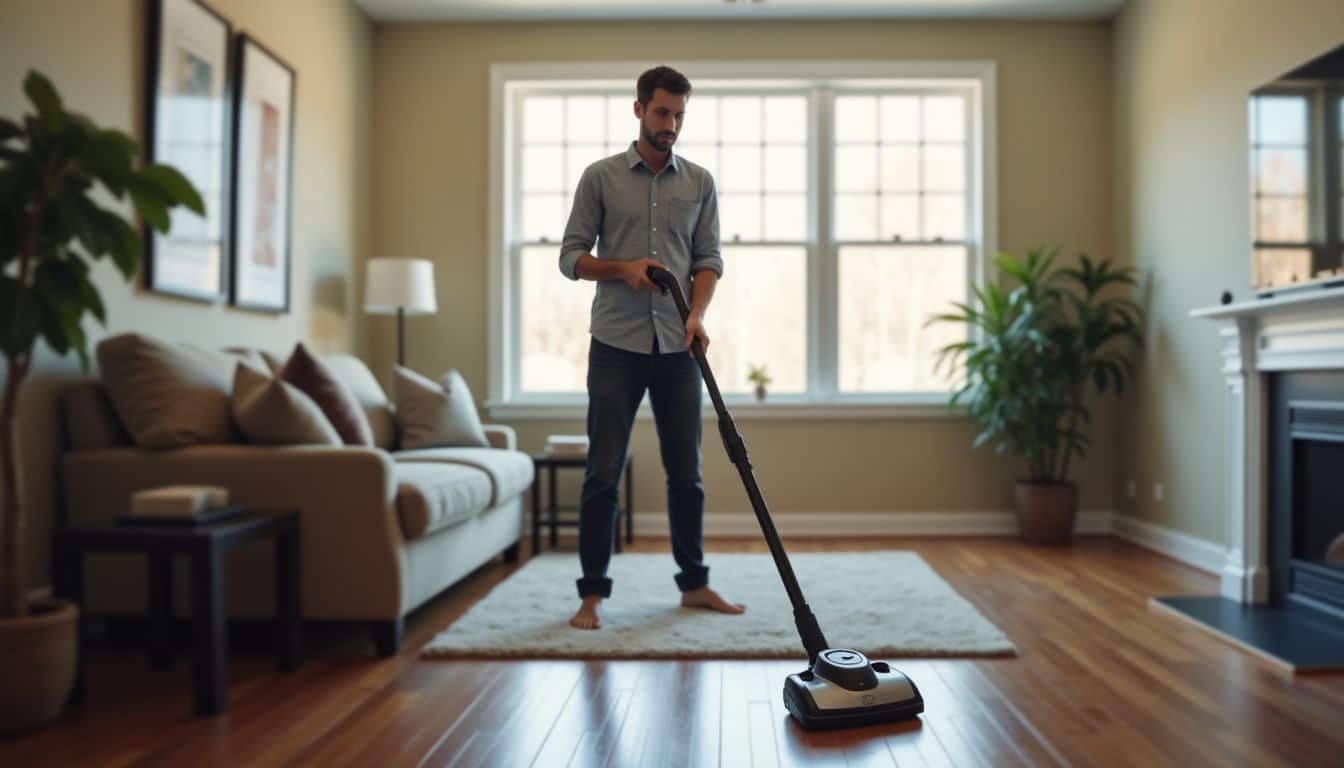 A person cleans a living room with a vacuum.