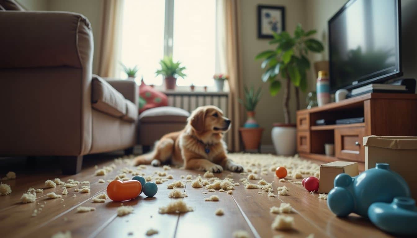 A cluttered living room with scattered toys and pet hair.