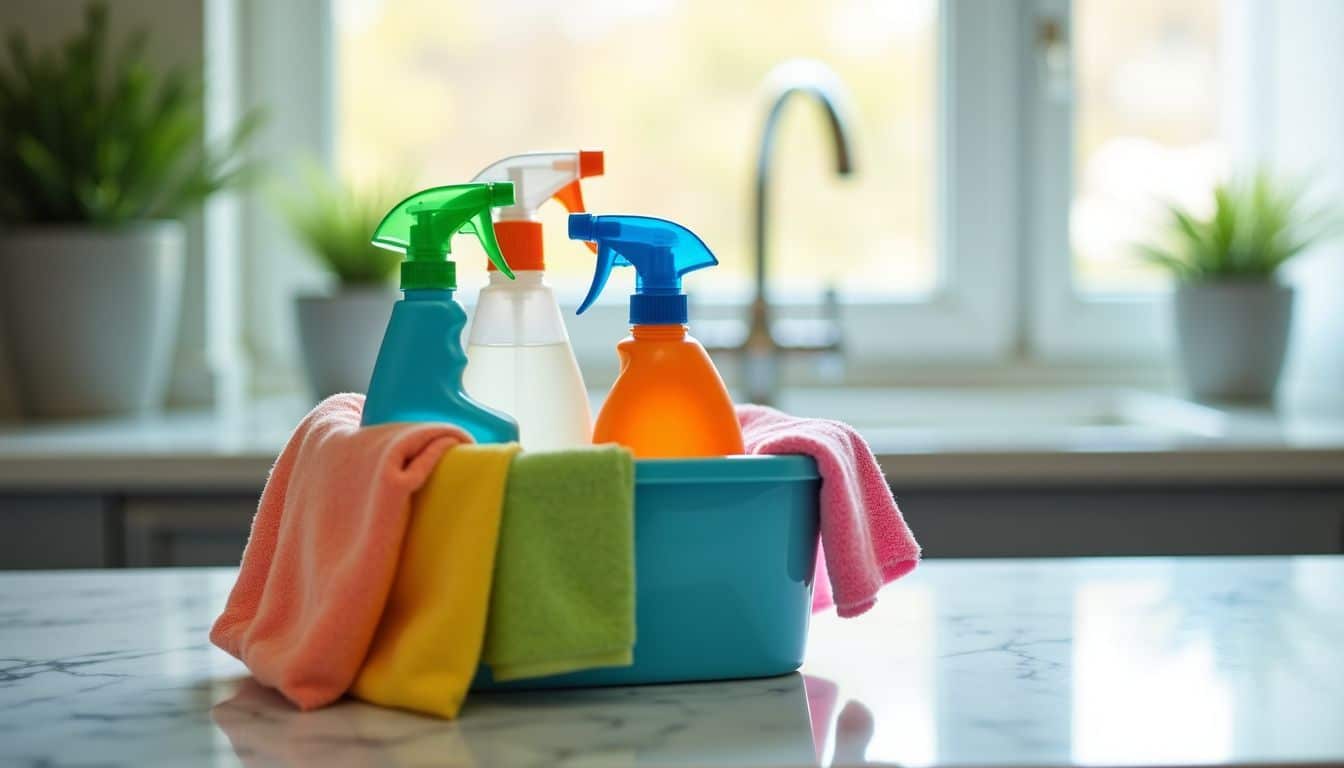 A cleaning caddy with eco-friendly products and tools on a countertop.