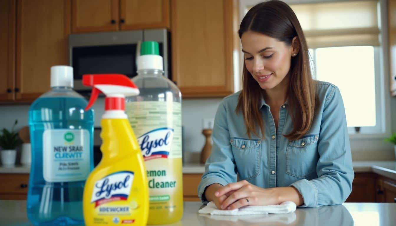 A woman sets up cleaning supplies for a deep cleaning session.