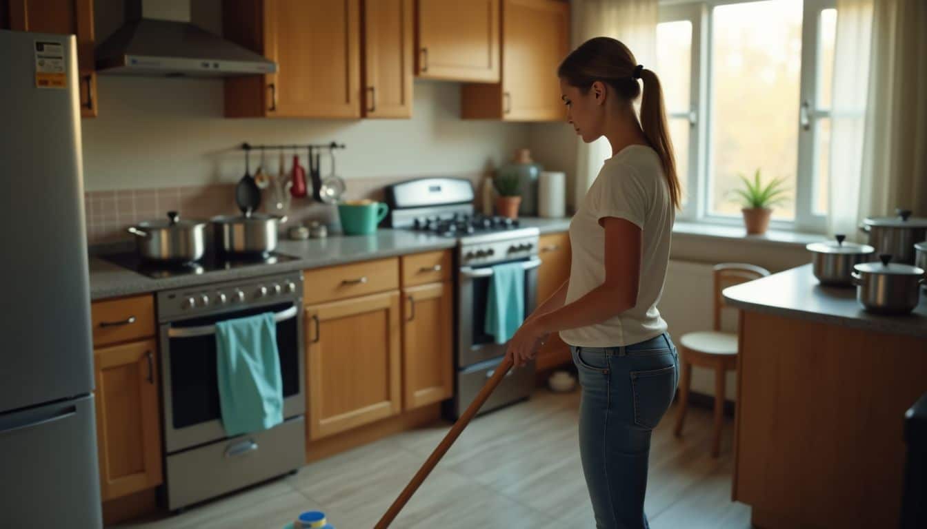 A woman in her 30s cleaning a cluttered kitchen floor with a mop.