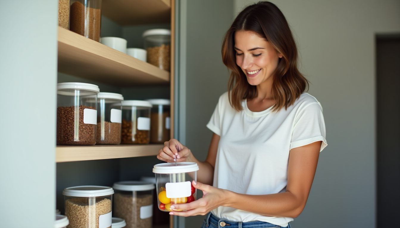 A woman organizing items in a tidy kitchen pantry.