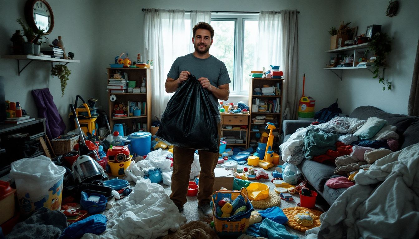 A person preparing to deep clean a cluttered living room.