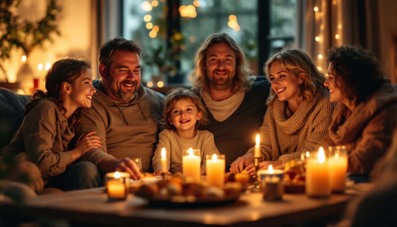 A family gathered for New Year's Eve traditions in a cozy living room.