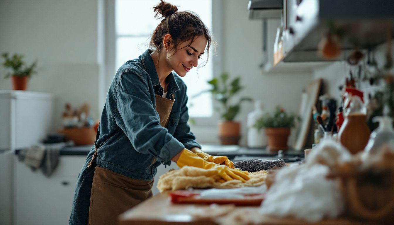 A woman in her 30s energetically cleans her home after the holidays.