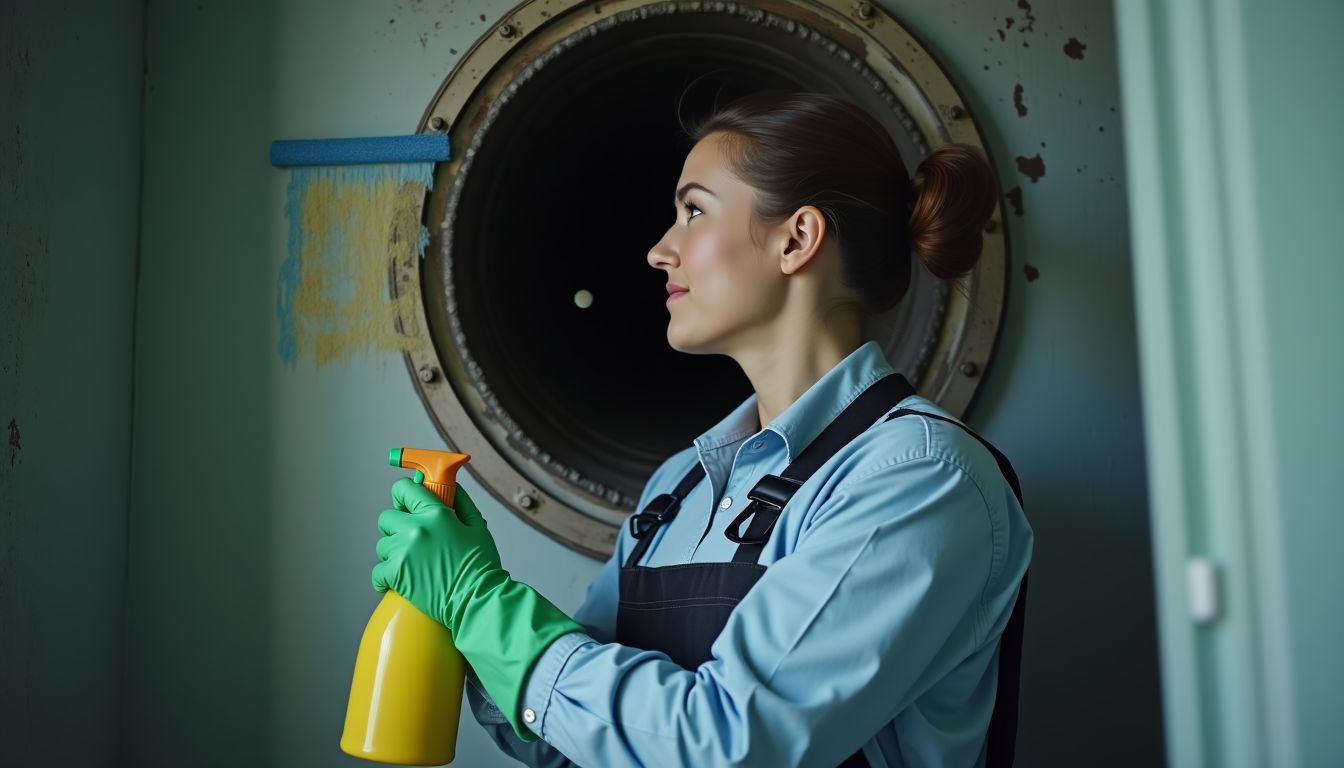 A professional cleaner scrubbing the inside of a dirty air duct.