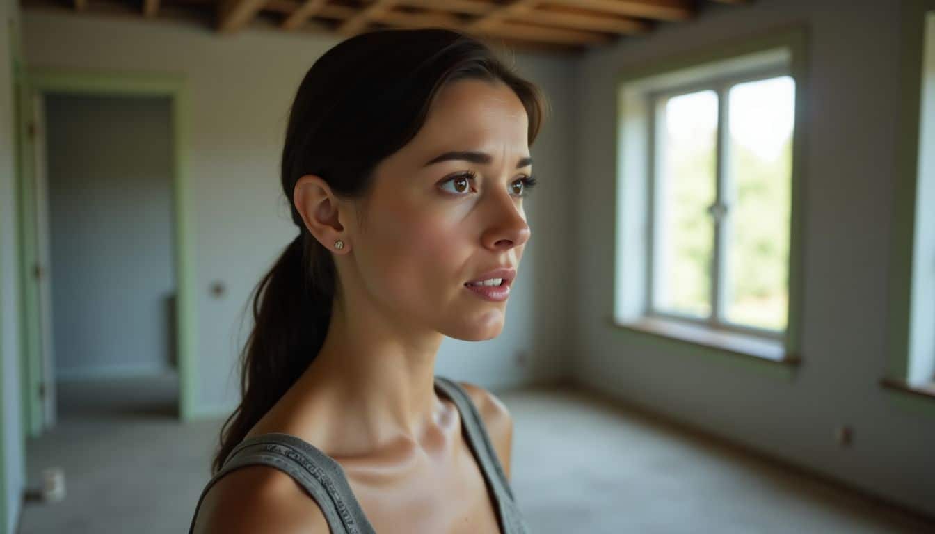 A middle-aged woman inspects a cluttered, recently renovated room with concern.