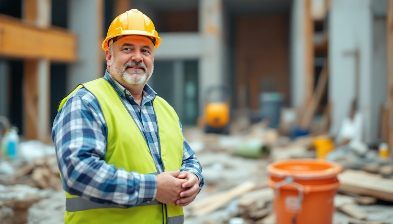 A middle-aged general contractor supervising construction site cleanup.