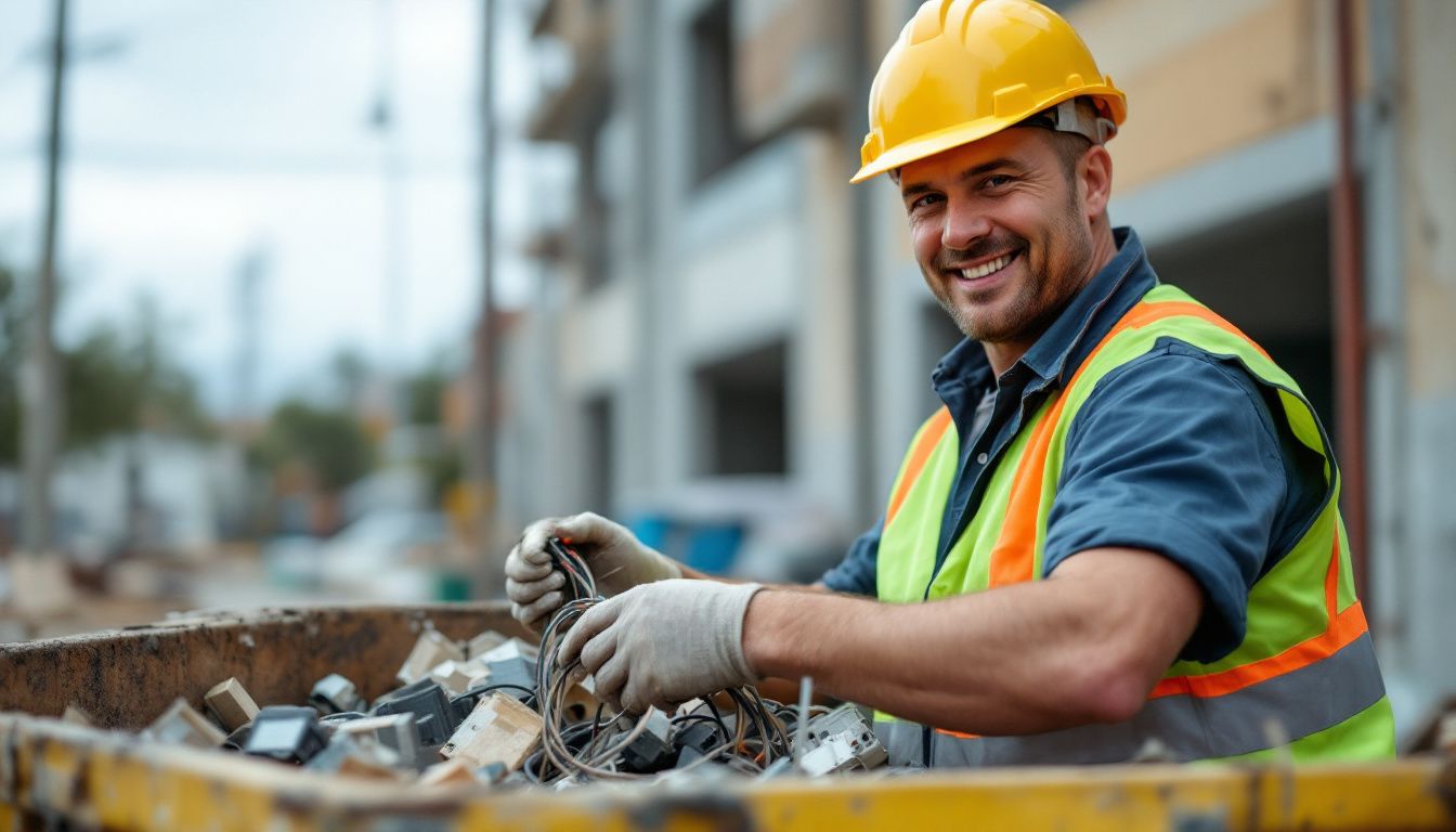 A subcontractor in standard safety gear disposing of construction debris.