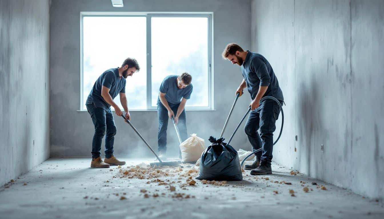 A team of workers clean a new office space.