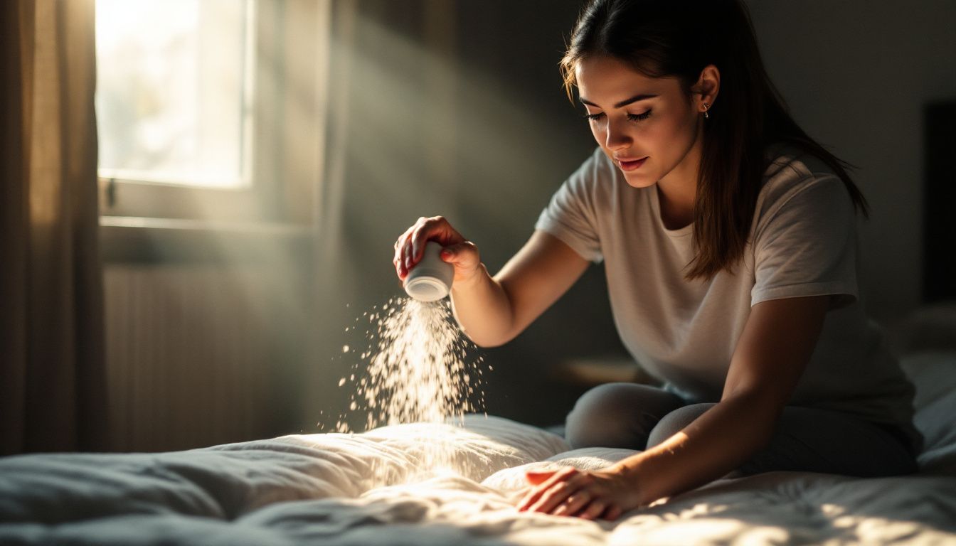 A woman in her 30s sprinkles baking soda on a mattress.