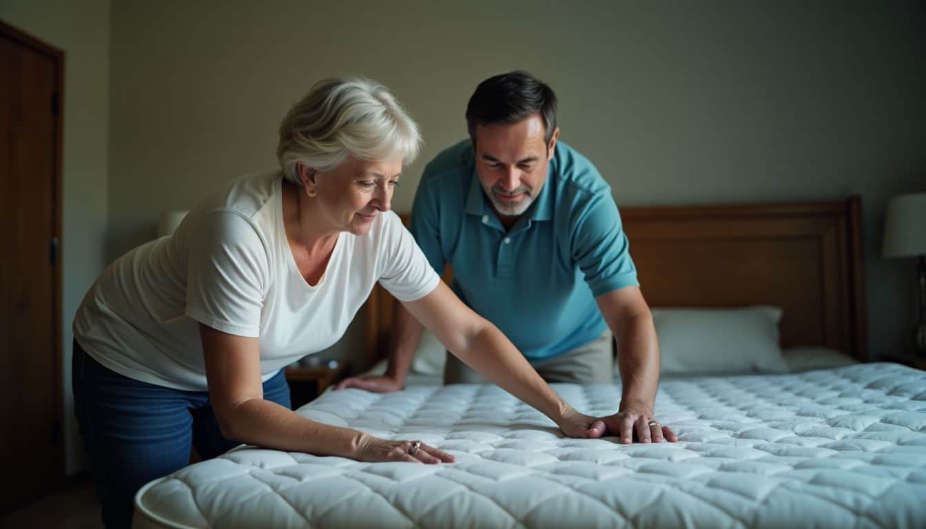 An older couple flips a mattress together in their bedroom.