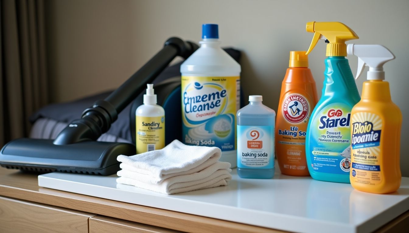 A cluttered dresser with cleaning supplies for mattress cleaning.