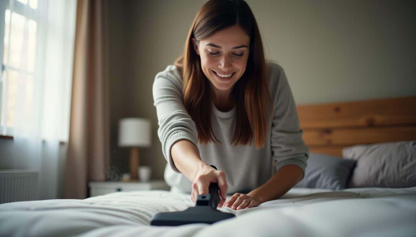 A woman vacuuming a mattress in a cozy bedroom.